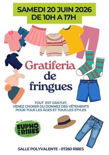 Affiche officielle de la Gratiféria 2026 du festival Les Euphoribes — collecte de vêtements 22 avril → 10 juin